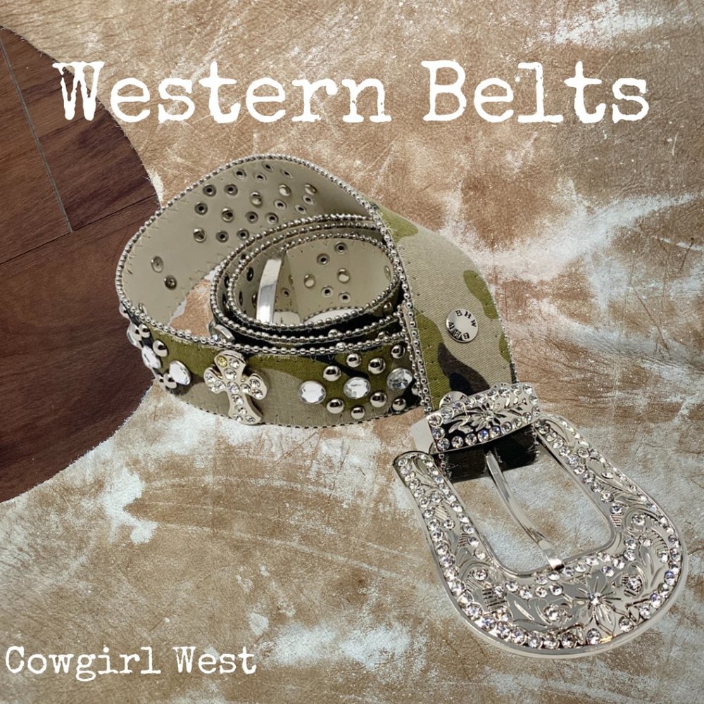 Cowgirl West Women's Rhinestone Cross on Camo Belt